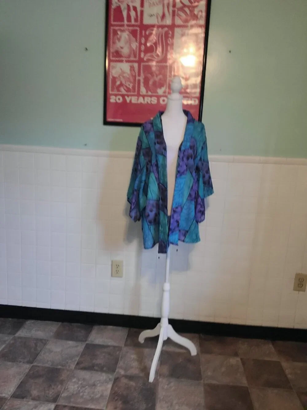 Vintage 90s Purple Teal Sheet Kimono Shawl Wrap Cover Up Whimsical Fairycore